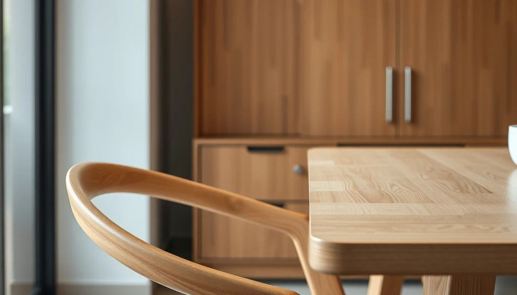 Kursi makan jati minimalis dan credenza TV dengan pintu kisi-kisi bergaya Japandi.