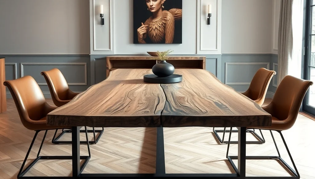 Meja makan slab kayu jati utuh dengan kaki besi hitam modern di ruang makan mewah.