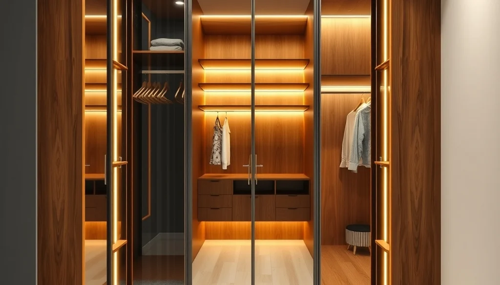 Lemari pakaian modular dengan pintu kaca bingkai kayu jati dan lampu LED internal.