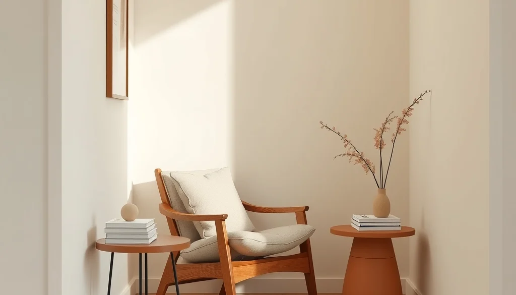Sudut baca warm minimalism dengan kursi kayu, bantal linen, meja tanah liat, dan dinding krem