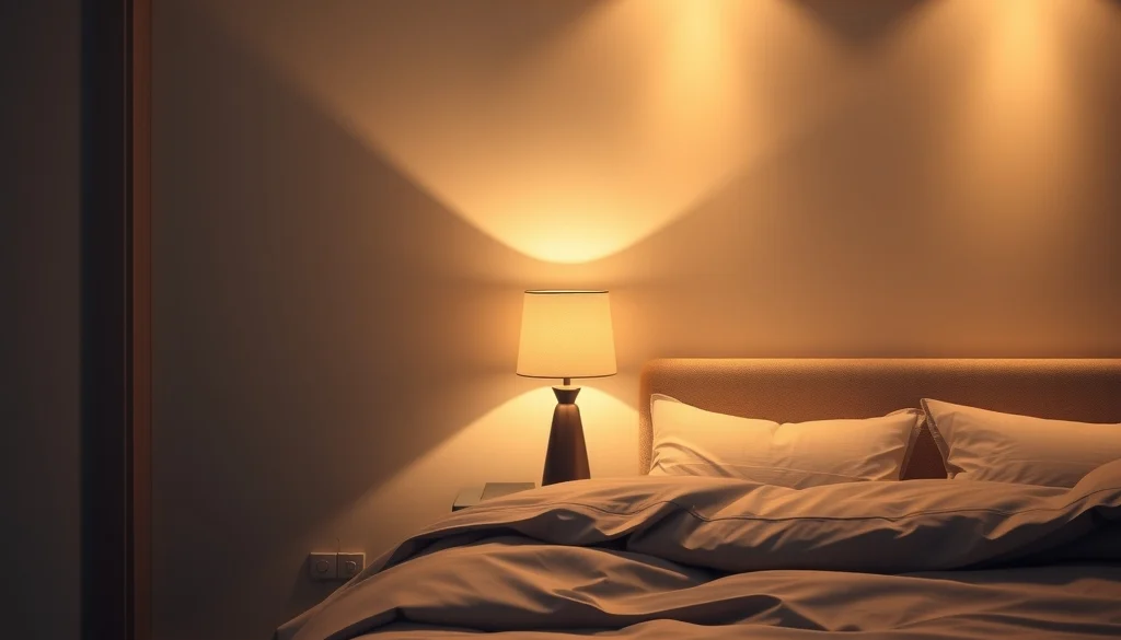 Kamar tidur warm minimalism dengan pencahayaan berlapis dan lampu samping tempat tidur berkap kain