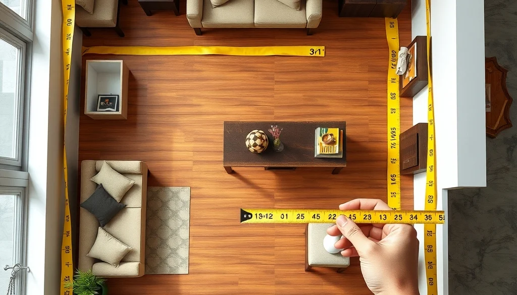 Denah lantai ruang tamu 3x3 yang ditandai selotip untuk menguji sirkulasi dan posisi furnitur