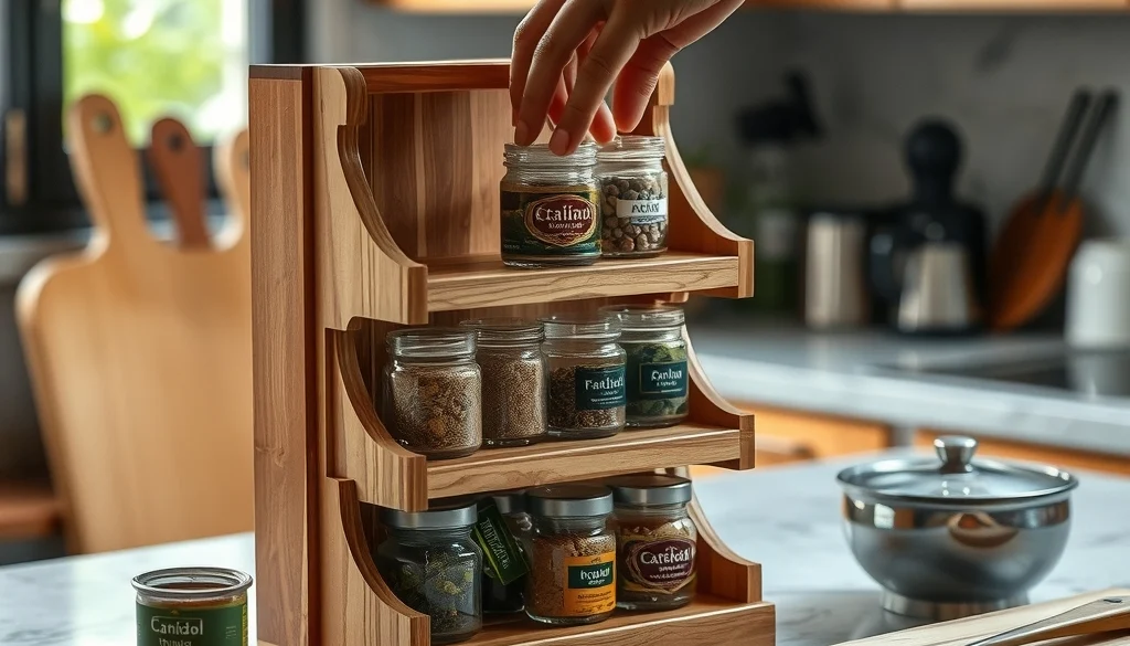 Rak bumbu kayu dua tingkat di atas meja dapur
