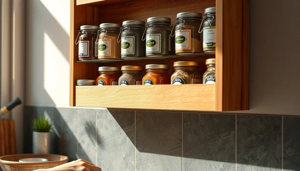 Rak bumbu kayu bertingkat yang dipasang di dinding dapur