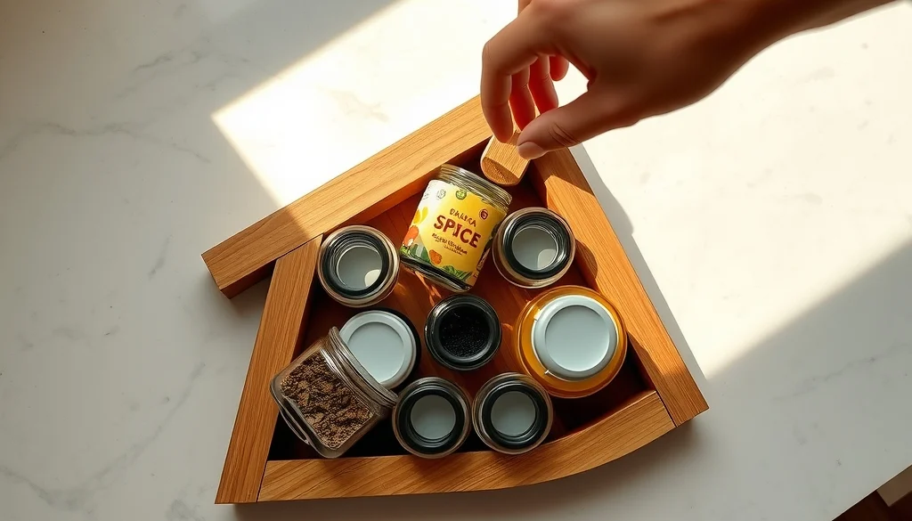 Rak bumbu kayu yang memanfaatkan pojok meja dapur