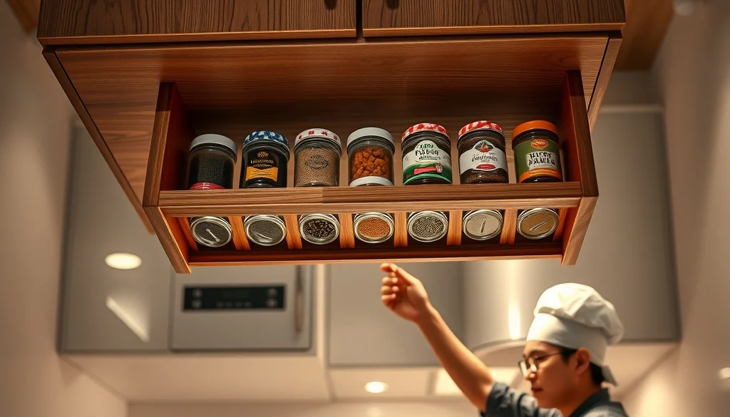 Rak bumbu kayu gantung di bawah kabinet dapur