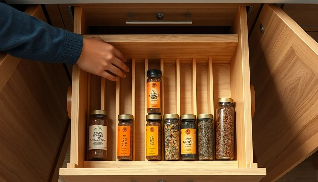 Laci tarik kayu dengan bumbu yang tersusun dalam sekat