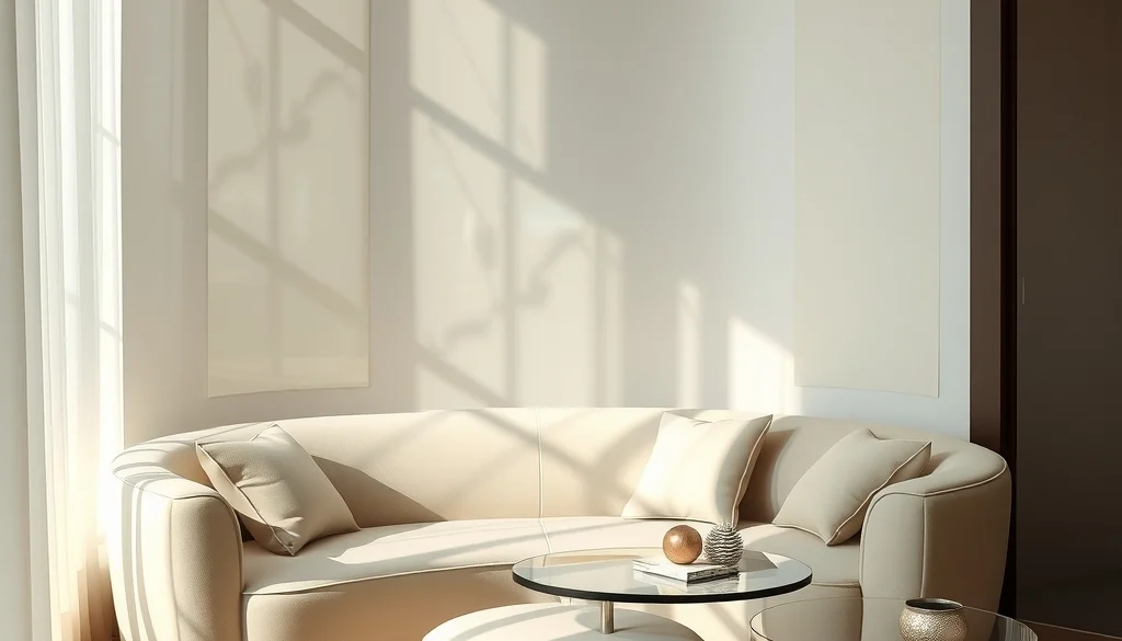 Sudut ruang keluarga dengan sofa organik dan panel dinding pearlescent