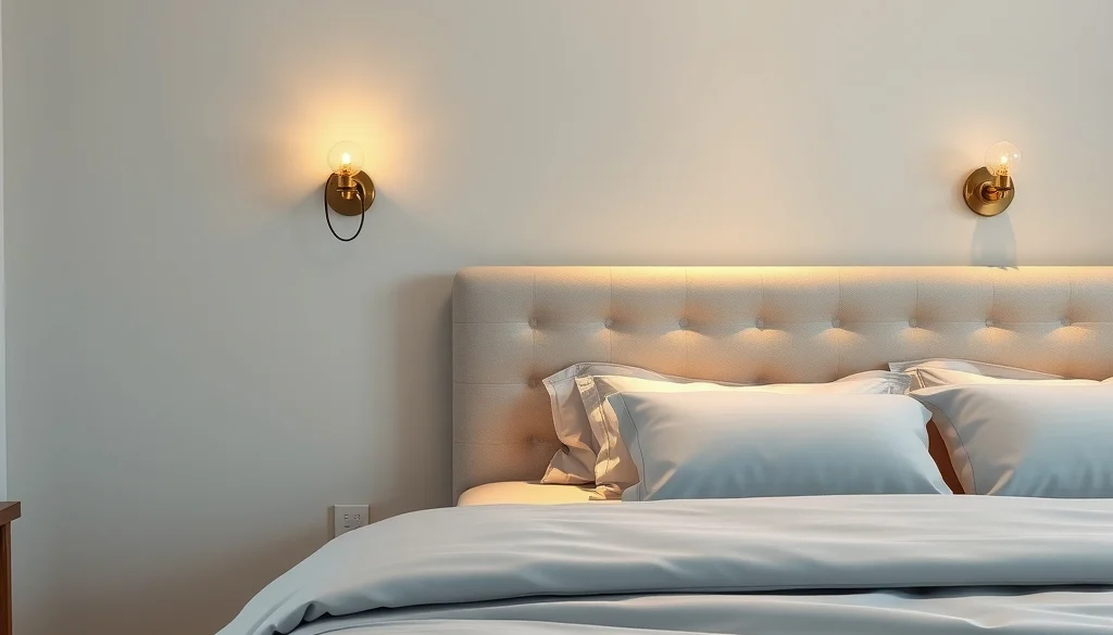 Kamar tidur dengan headboard mutiara dan pencahayaan dinding yang lembut