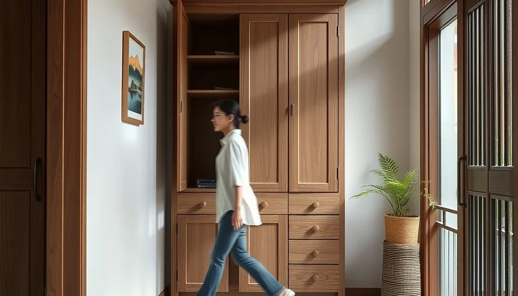 Kabinet bawah tangga dengan bukaan pintu yang tidak mengganggu sirkulasi