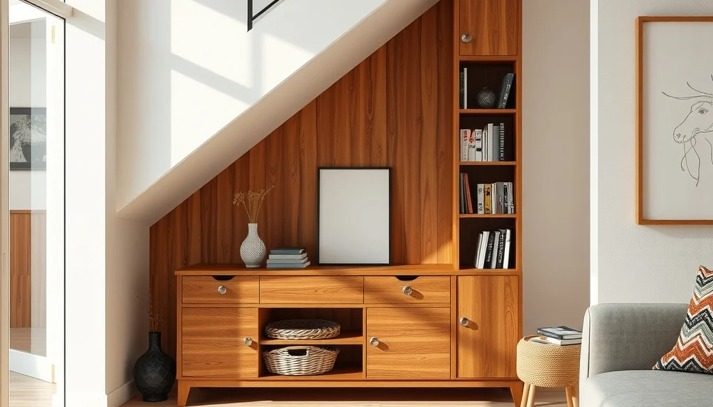 Furniture bawah tangga dengan finishing kayu yang rapi dan mudah dirawat