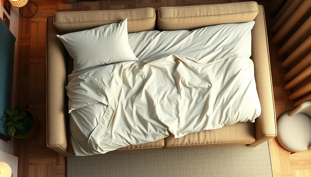 Sofa bed yang dibuka menjadi tempat tidur tambahan di ruang kecil