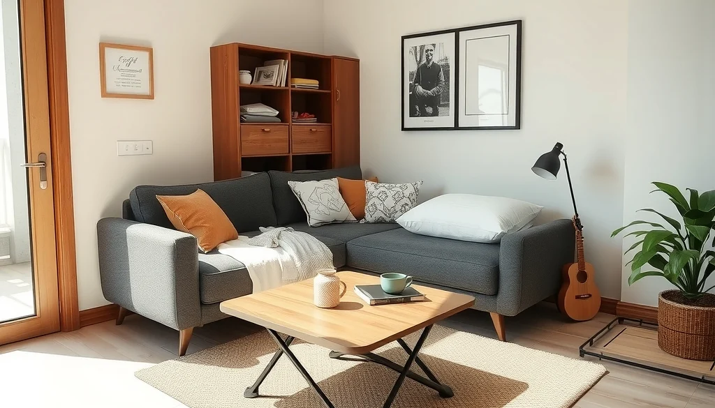 Penataan sofa bed yang rapi dengan penyimpanan vertikal di ruang terbatas