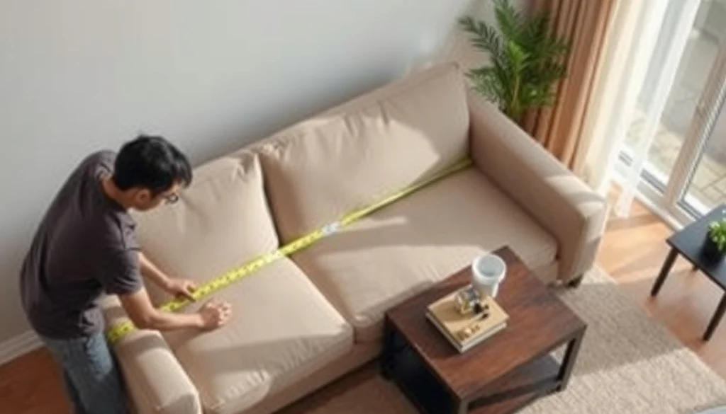 Proses mengukur sofa dan area coffee table menggunakan meteran serta selotip lantai