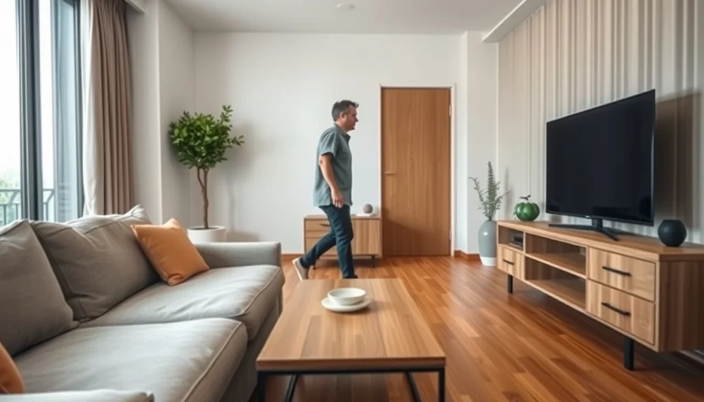 Jalur berjalan yang tetap lega di antara sofa, coffee table, dan kabinet TV
