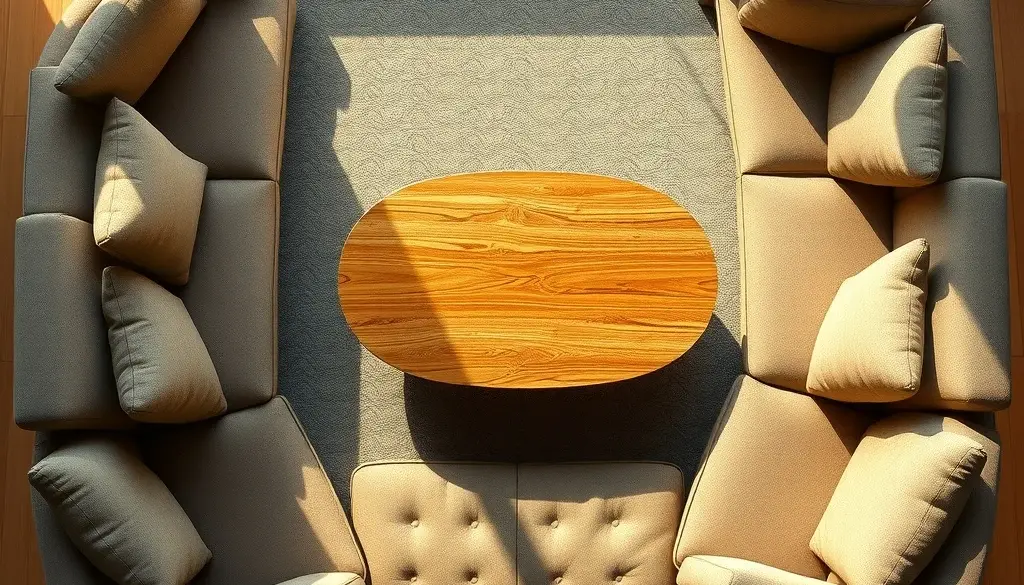 Coffee table oval yang proporsional di tengah susunan sofa berbentuk L