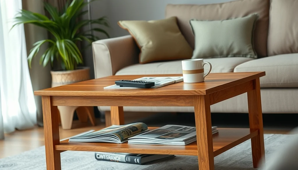 Coffee table kayu dengan rak bawah untuk menyimpan benda kecil di ruang tamu