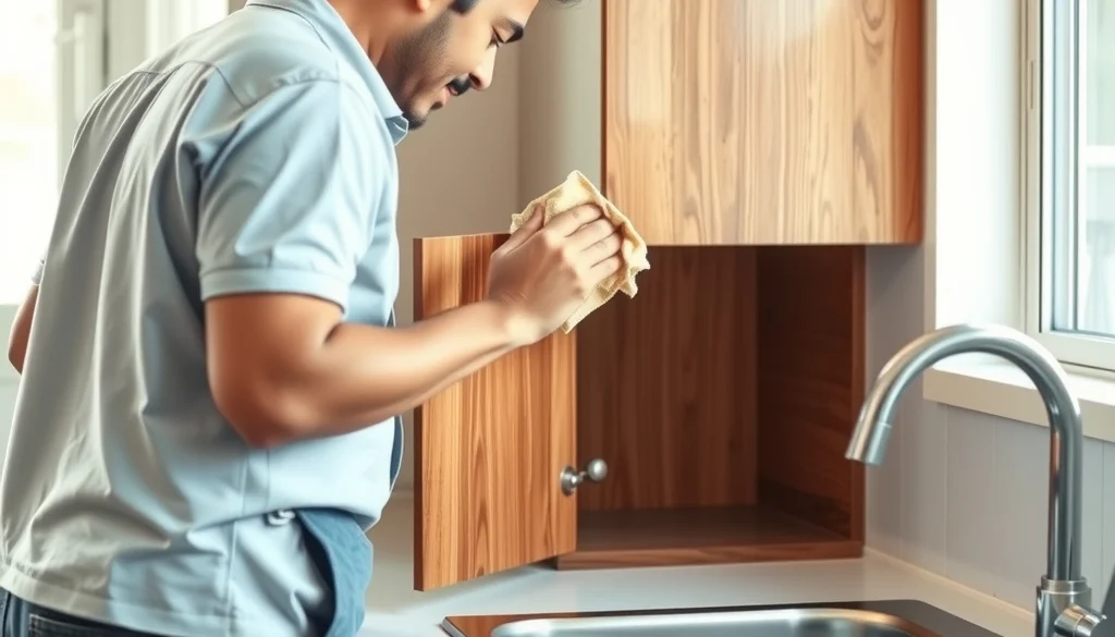 Perawatan rutin lemari dapur kayu dengan kain lembut