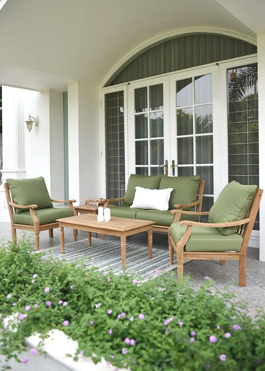 Set Kursi Teras Jati Outdoor Verde – Bantalan Sage Green & Meja Set Kursi Teras Jati Outdoor Verde