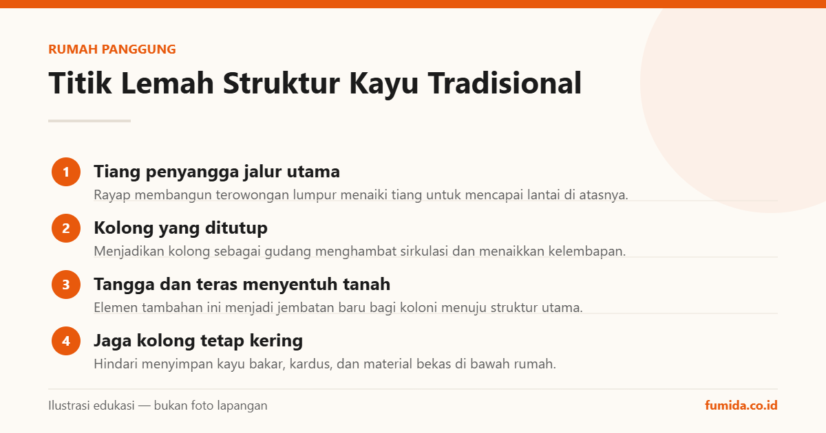 Titik Lemah Struktur Kayu Tradisional — infografis edukasi rayap