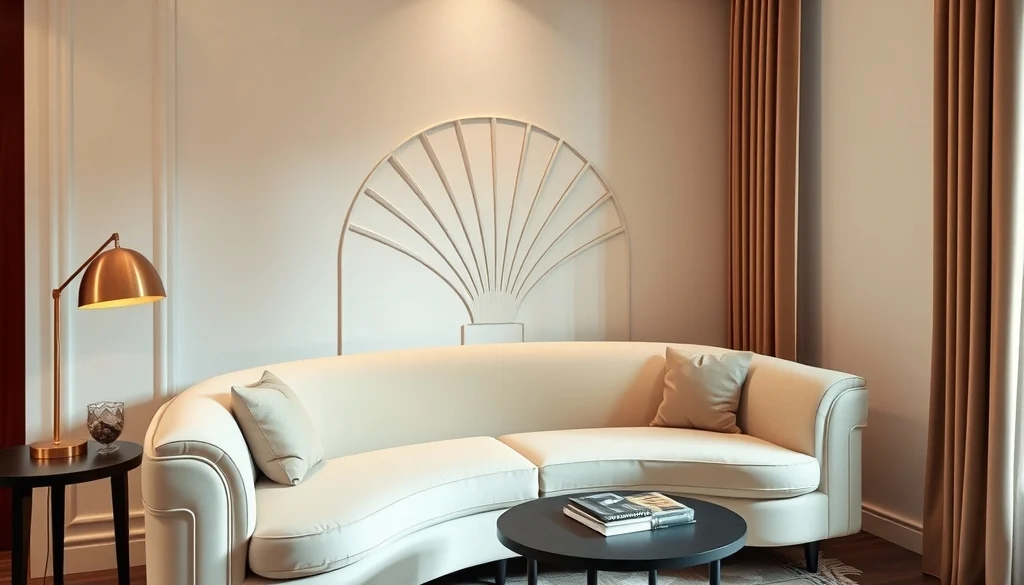 Sofa melengkung menjadi fokus ruang tamu neo deco dengan lampu lantai kuningan