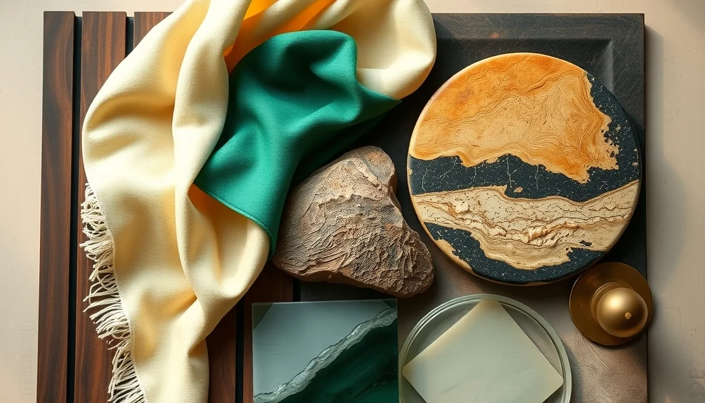 Sampel material neo deco berupa kayu gelap, kain hijau zamrud, batu, kaca, dan kuningan
