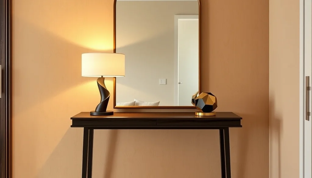 Konsol kayu gelap dengan cermin lengkung dan lampu meja sebagai aksen neo deco
