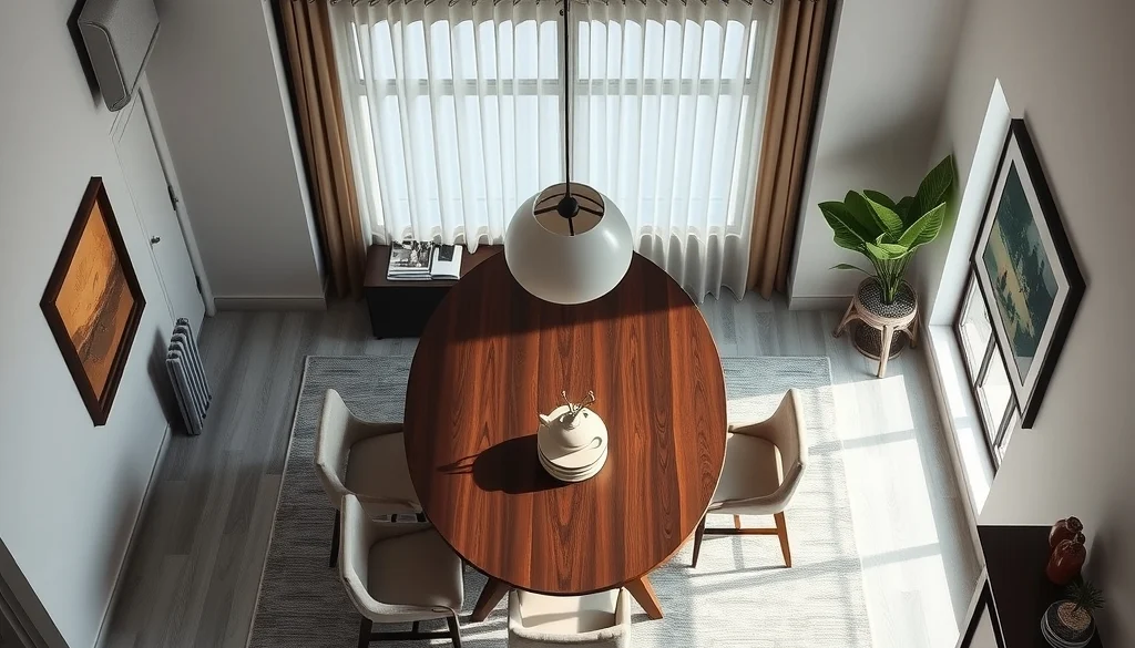 Ruang makan neo deco dengan meja oval, kursi berlapis kain, dan lampu gantung dekoratif