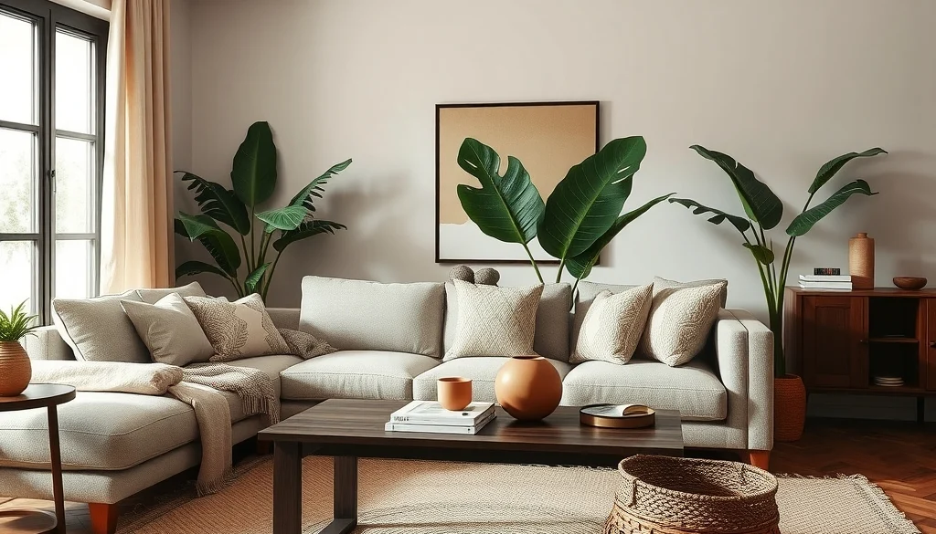Ruang tamu Afrohemian dengan sofa linen, meja kayu, karpet geometris, dan keranjang anyaman