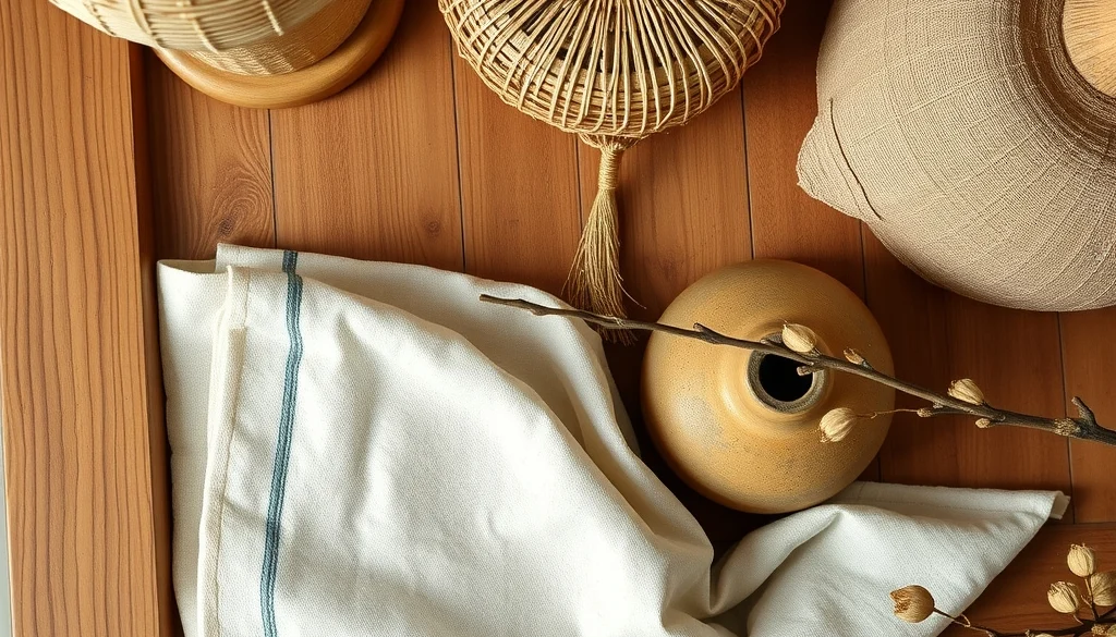 Detail meja kayu dengan lampu rotan, keranjang pandan, linen, dan vas keramik