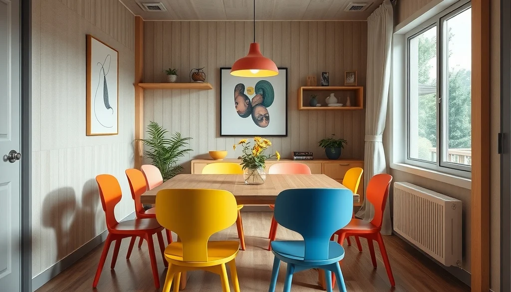 Ruang makan funHaus dengan kursi warna berbeda dan tata letak fungsional