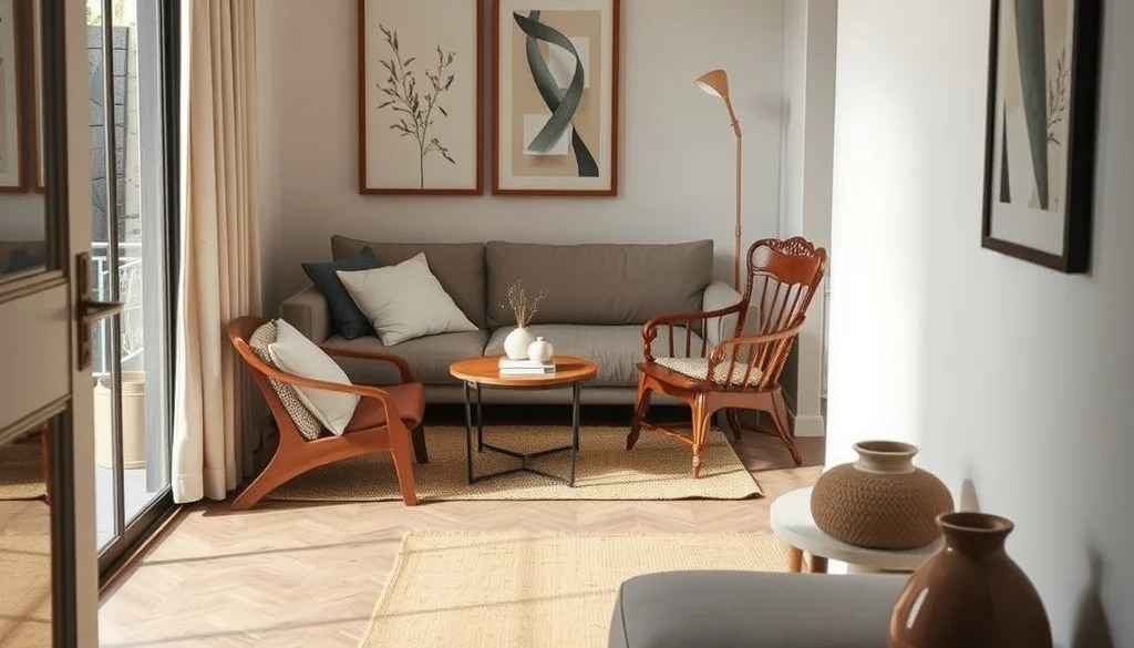 Perpaduan sofa modern dan kursi kayu berkarakter dalam ruang keluarga collected interior