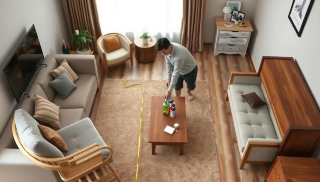 Penataan sofa, kursi aksen, meja kopi, dan lemari dalam komposisi furniture yang seimbang