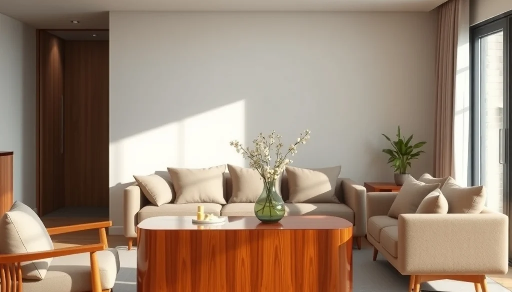 Credenza high gloss sebagai aksen pada ruang keluarga dengan material matte dan kayu