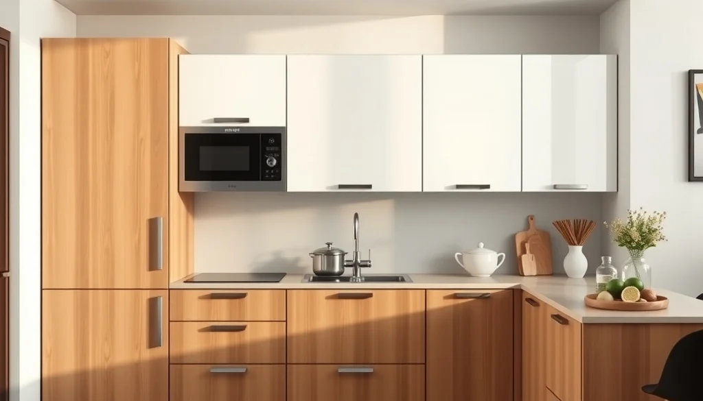 Kabinet modern dua warna dengan pintu high gloss dan panel kayu natural
