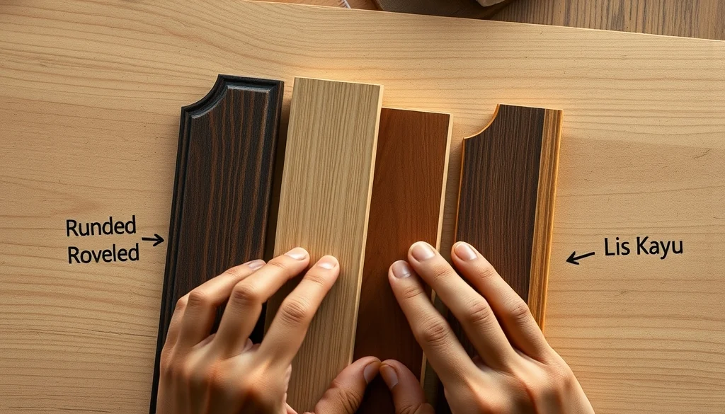 Perbandingan bentuk rounded edge, beveled edge, dan lis kayu pada sampel furniture