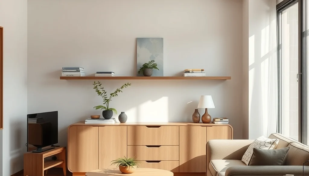 Kabinet ruang keluarga modern dengan tepi kayu membulat dan permukaan matte