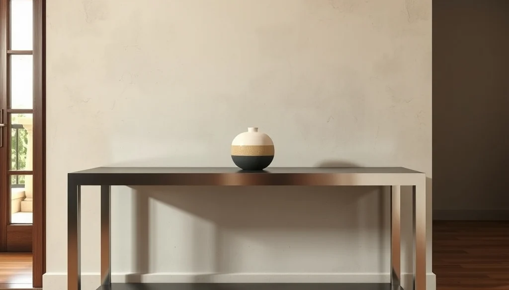 Meja konsol stainless steel brushed pada foyer modern dengan dinding hangat
