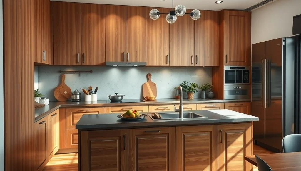 Kitchen island stainless steel berpadu dengan kabinet kayu di dapur modern
