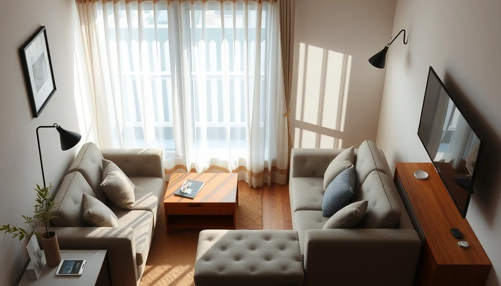 Ruang tamu rumah type 36 dengan sofa ringkas dan penyimpanan tertutup