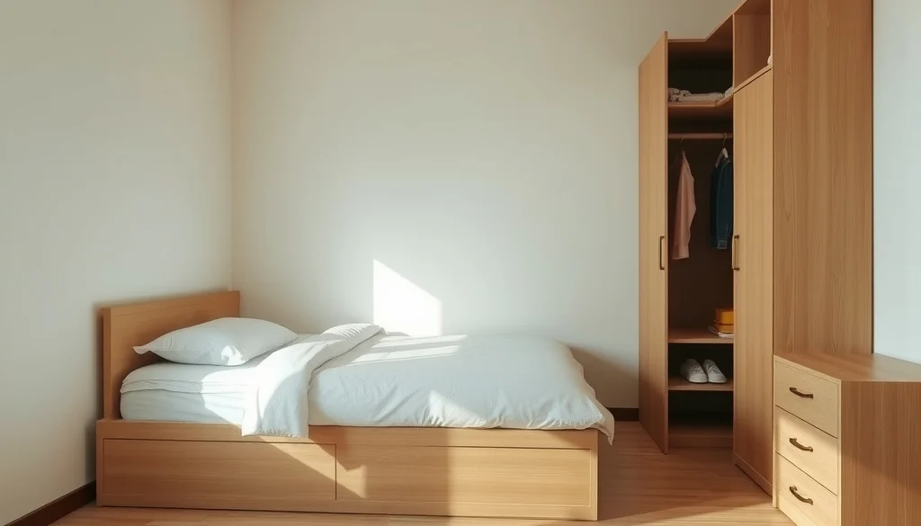 Kamar kecil dengan tempat tidur berlaci dan lemari ramping untuk penyimpanan