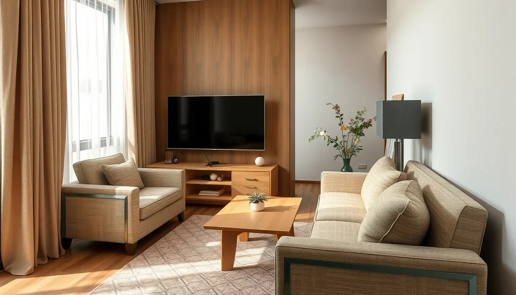 Sofa kompak dan meja TV minimalis untuk ruang tamu rumah type 45