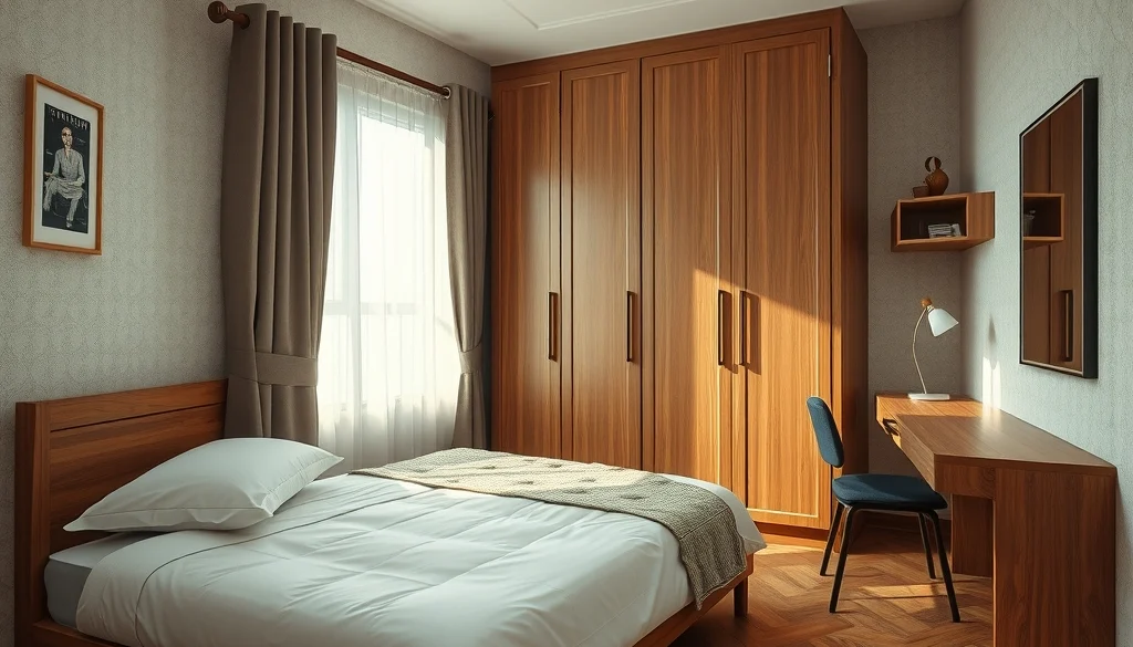 Penataan tempat tidur, lemari geser, dan meja belajar di kamar rumah type 45