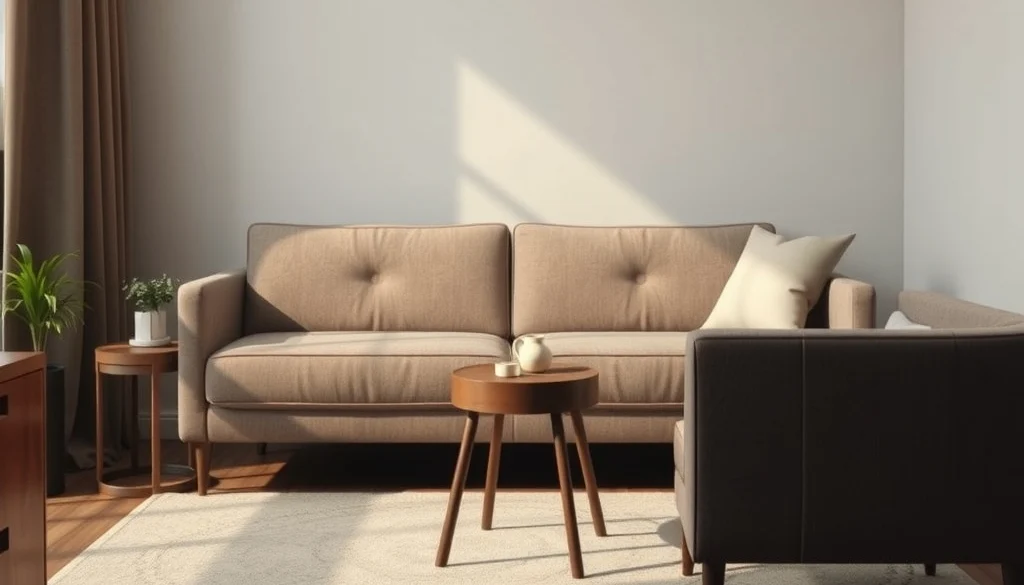 Sofa dua dudukan dan meja bundar kecil untuk ruang tamu sempit