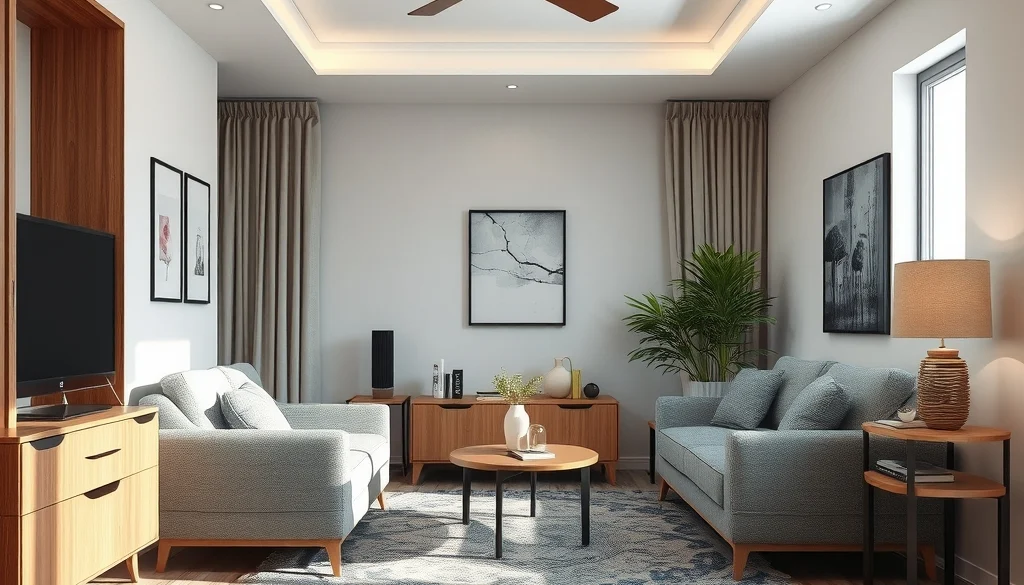 Ruang tamu kecil yang rapi dengan furniture proporsional dan lantai yang lega