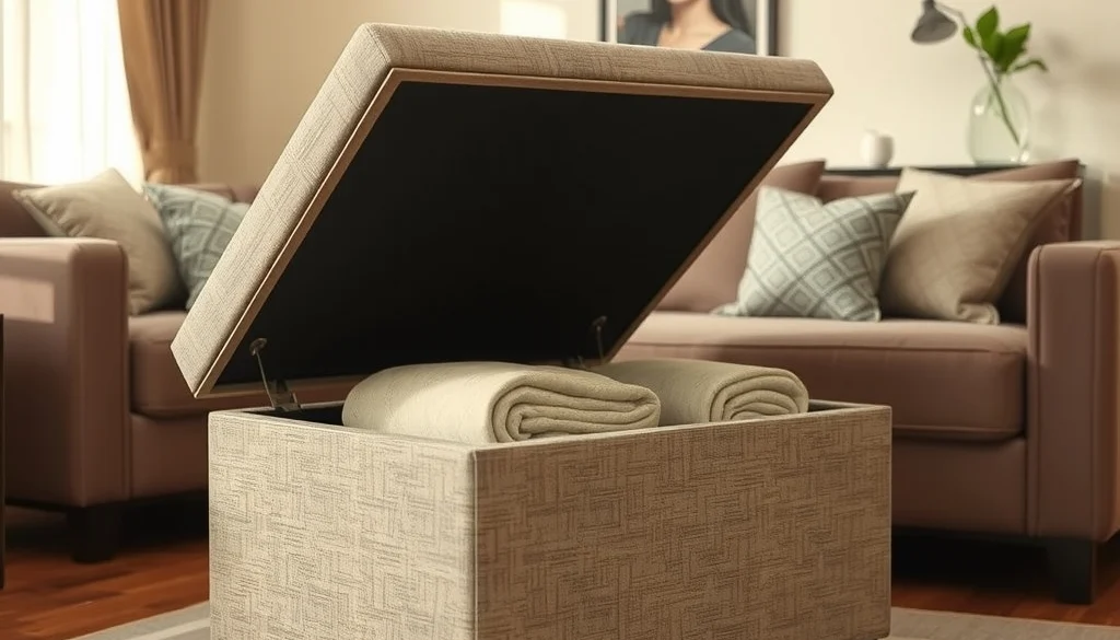 Ottoman storage terbuka untuk menyimpan selimut di ruang tamu