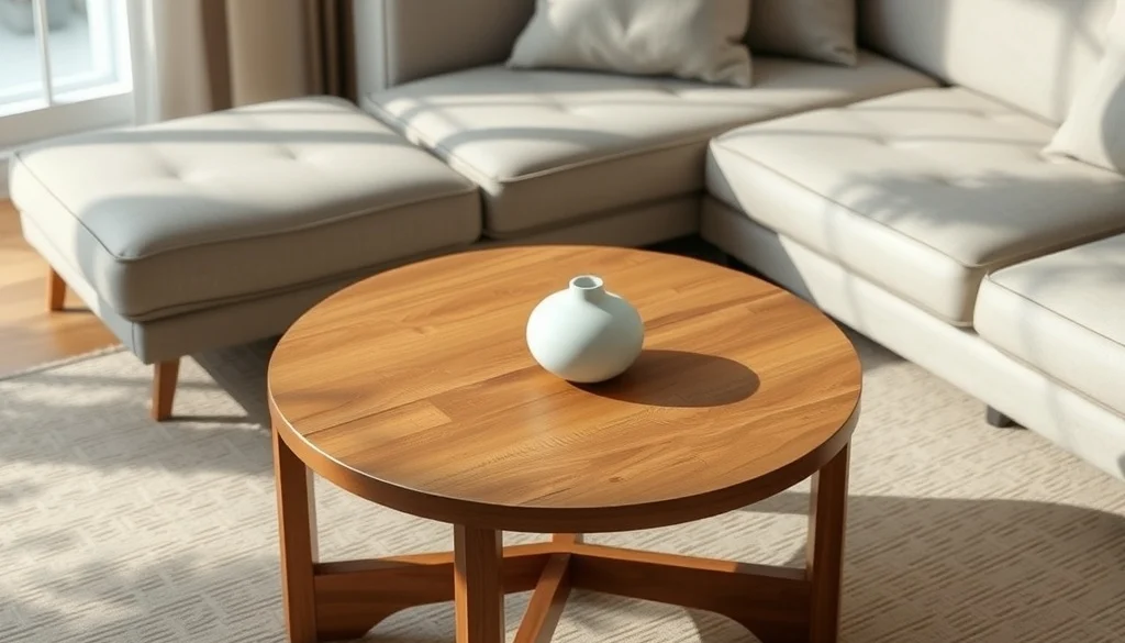 Coffee table jati bundar minimalis dengan tepian lembut di atas karpet netral