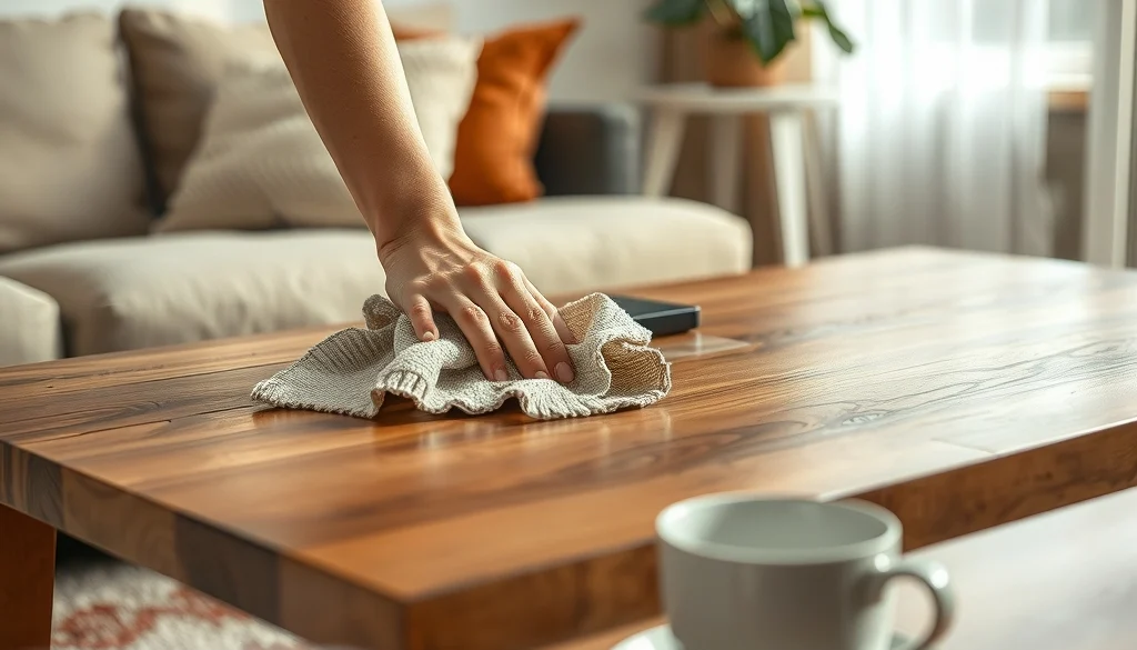 Perawatan permukaan coffee table jati dengan kain lembut di ruang tamu modern