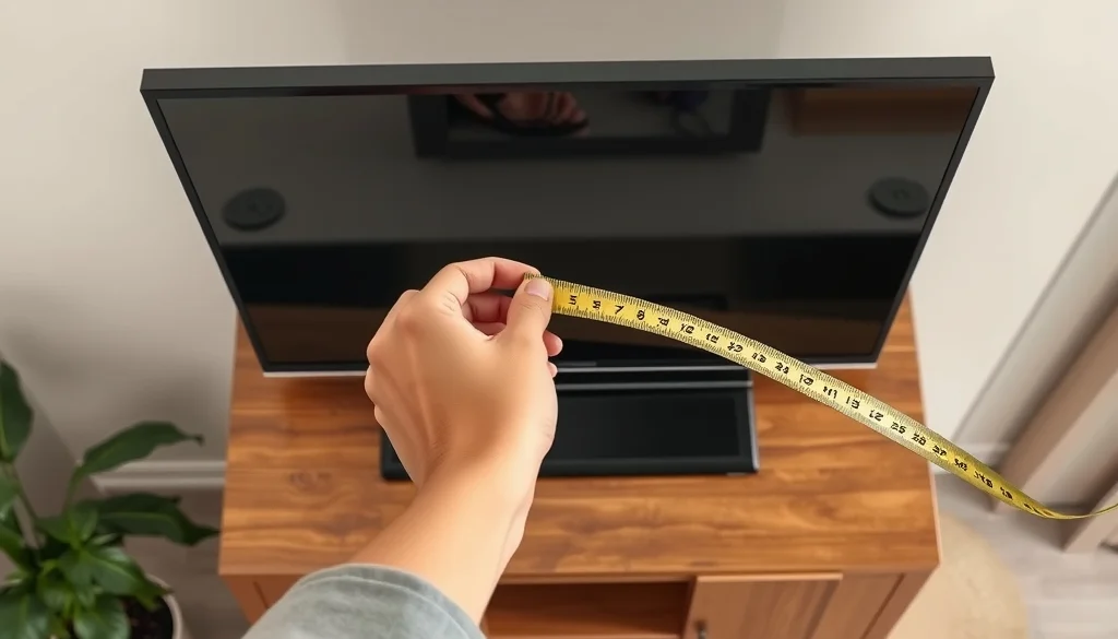 Mengukur tinggi televisi dan kaki sebelum menentukan tinggi rak