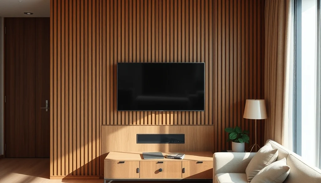 Panel dinding TV kayu bilah vertikal pada ruang keluarga minimalis